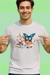 Tricou Fluture albastru cu negru pe flori de crin desen vibrant Copii | Dama | Barbat Barbat - Img 2