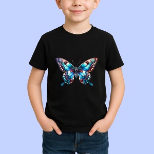 Tricou Fluture albastru cu roz in stil art deco colorat Copii | Dama | Barbat, negru - Img 3