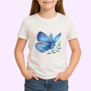 Tricou Fluture albastru pastel pe frunza fundal simplu Copii | Dama | Barbat Barbat - Img 3
