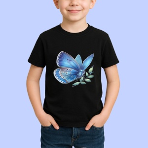 Tricou Fluture albastru pastel pe frunza fundal simplu Copii | Dama | Barbat, negru - Img 3