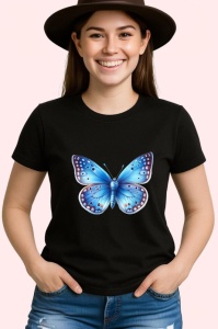 Tricou Fluture albastru pastelat cu buline simetrice Copii | Dama | Barbat, negru - Img 3