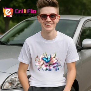 Tricou Fluture albastru pe crin roz compozitie florala vibranta Copii | Dama | Barbat Barbat - Img 6