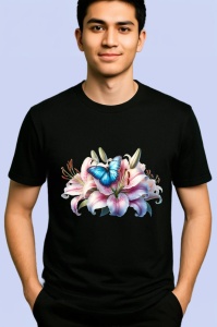 Tricou Fluture albastru pe crin roz compozitie florala vibranta Copii | Dama | Barbat, negru - Img 2