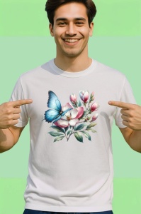 Tricou Fluture albastru pe flori de magnolie compozitie botanica Copii | Dama | Barbat Barbat - Img 2