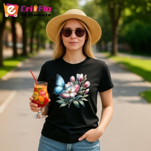 Tricou Fluture albastru pe flori de magnolie compozitie botanica Copii | Dama | Barbat, negru - Img 10