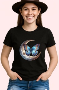Tricou Fluture albastru pe luna grafica mistica si eleganta Copii | Dama | Barbat, negru - Img 4