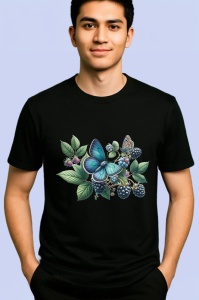 Tricou Fluture albastru pe mure compozitie botanica decorativa Copii | Dama | Barbat, negru - Img 2