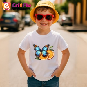 Tricou Fluture albastru si portocaliu pe felii de portocala Copii | Dama | Barbat Barbat