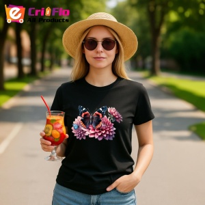 Tricou Fluture negru cu roz pe flori mari de lotus stil luxos Copii | Dama | Barbat Barbat - Img 22