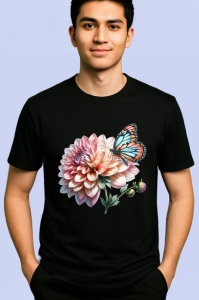 Tricou Fluture portocaliu pe floare dahlia compozitie botanica Copii | Dama | Barbat Barbat - Img 5