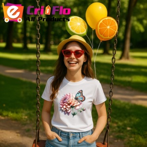 Tricou Fluture portocaliu pe floare dahlia compozitie botanica Copii | Dama | Barbat Barbat - Img 11