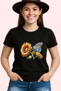 Tricou Fluture portocaliu pe floare de floarea soarelui ilustrativ Copii | Dama | Barbat Barbat - Img 7