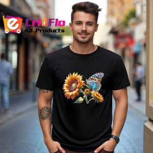 Tricou Fluture portocaliu pe floare de floarea soarelui ilustrativ Copii | Dama | Barbat Barbat - Img 17