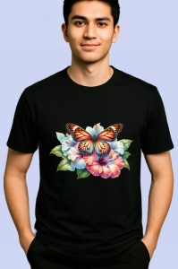 Tricou Fluture portocaliu pe hibiscus stil exotic feminin Copii | Dama | Barbat Barbat - Img 5