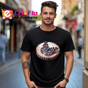 Tricou Fluture portocaliu si albastru pe buturuga rustic natural Copii | Dama | Barbat Barbat - Img 17