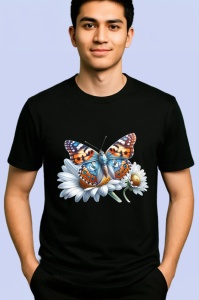 Tricou Fluture portocaliu si albastru pe margareta stil realist Copii | Dama | Barbat Barbat - Img 4
