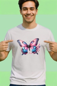 Tricou Fluture roz pastel cu albastru pe fundal floral Copii | Dama | Barbat Barbat - Img 2