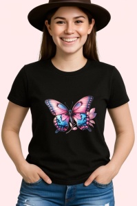 Tricou Fluture roz pastel cu albastru pe fundal floral Copii | Dama | Barbat Barbat - Img 7