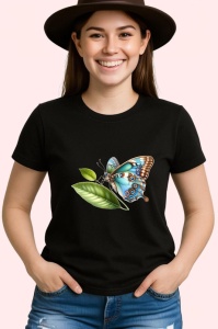 Tricou Fluture turcoaz si maro pe frunze stil botanic realist Copii | Dama | Barbat Barbat - Img 7