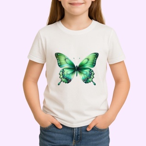 Tricou Fluture verde smarald cu efect de catifea pe fundal alb Copii | Dama | Barbat Barbat - Img 4