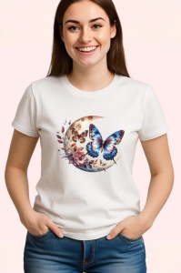 Tricou Fluturi albastri si maro pe luna si flori compozitie mistica Copii | Dama | Barbat Barbat - Img 3