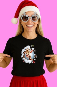 Tricou Girafa Cu Fundal Albastru Craciun, din bumbac 100% Copii | Dama | Barbat - Img 3