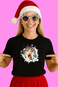 Tricou Girafa Cu Fundal Gri Si Crengute Craciun, din bumbac 100% Copii | Dama | Barbat