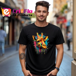 Tricou Girafa portocalie si albastra pop art exotic Copii | Dama | Barbat, culoare negru - Img 6