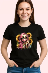 Tricou Girl bubblegum sunflower sunglasses, fata guma de mestecat cu ochelari si floarea soarelui, Copii | Dama | Barbat , tricou negru