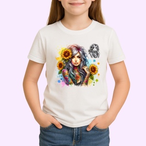 Tricou girl colorful ink sunflower mix, fata cu tatuaje colorate si floarea soarelui, Copii | Dama | Barbat - Img 3