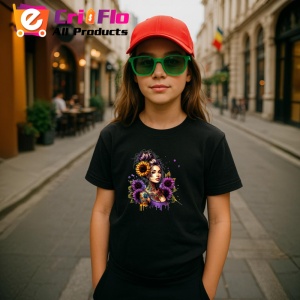 Tricou Girl holding sunflower confident style, fata tinand floarea soarelui stil increzator, Copii | Dama | Barbat , tricou negru - Img 4