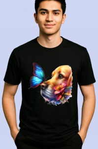 Tricou Golden Retriever cu fluture albastru si flori desen adorabil de vara Copii | Dama | Barbat Barbat - Img 5
