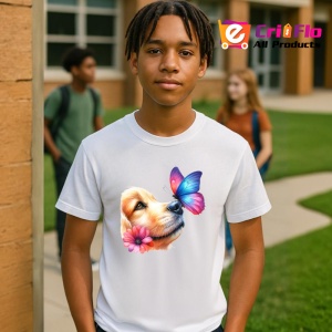 Tricou Golden Retriever cu fluture pe nas si fundal roz pastel Copii | Dama | Barbat Barbat - Img 7