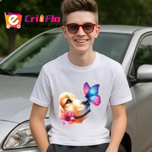 Tricou Golden Retriever cu fluture pe nas si fundal roz pastel Copii | Dama | Barbat Barbat - Img 8