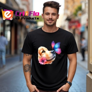Tricou Golden Retriever cu fluture pe nas si fundal roz pastel Copii | Dama | Barbat Barbat - Img 17