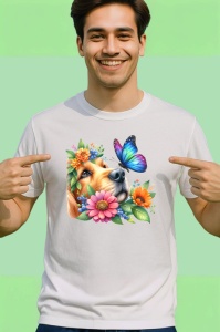 Tricou Golden Retriever printre flori si fluture violet atmosfera de vara Copii | Dama | Barbat Barbat - Img 2