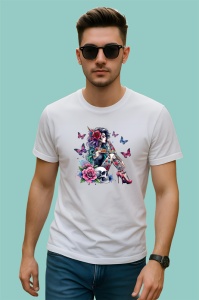 Tricou goth girl skulls roses butterflies, fata goth cu cranii trandafiri si fluturi, Copii | Dama | Barbat - Img 2