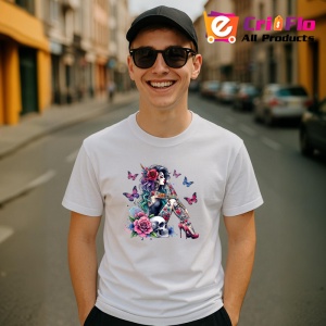 Tricou goth girl skulls roses butterflies, fata goth cu cranii trandafiri si fluturi, Copii | Dama | Barbat - Img 6