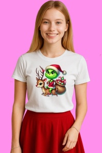 Tricou Grinch Calare Pe Ren Cu Daruri Craciun, din bumbac 100%, tricou alb, Copii | Dama | Barbat