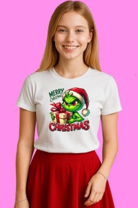 Tricou Grinch Cu Cadou Merry Christmas, din bumbac 100%, tricou alb, Copii | Dama | Barbat