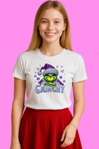 Tricou Grinch Cu Palarie Mov Si Zapada, din bumbac 100%, tricou alb, Copii | Dama | Barbat
