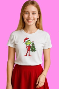Tricou Grinch Fericit Cu Brad In Spate, din bumbac 100%, tricou alb, Copii | Dama | Barbat