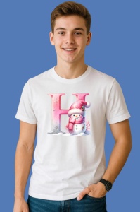 Tricou H Litera Craciun Roz Cu Om De Zapada Fulgi De Zapada, din bumbac 100% Copii | Dama | Barbat