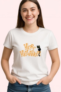 Tricou Halloween Pisica Neagra, din bumbac 100%, tricou alb, Dama | Barbat - Img 2