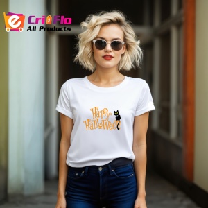 Tricou Halloween Pisica Neagra, din bumbac 100%, tricou alb, Dama | Barbat - Img 6