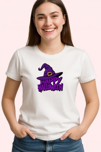 Tricou Happy Halloween Palarie Vrajitoare Mov V4, din bumbac 100% , tricou alb pentru Copii | Dama | Barbat - Img 2