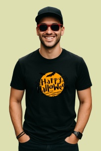 Tricou Happy Halloween Text Portocaliu, din bumbac 100%, tricou negru, Dama | Barbat - Img 2