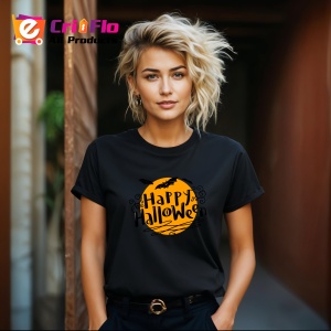 Tricou Happy Halloween Text Portocaliu, din bumbac 100%, tricou negru, Dama | Barbat - Img 6