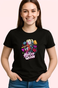 Tricou Harley quinn zambet si par roz, Copii | Dama | Barbat , tricou negru