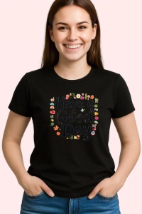 Tricou Have A Good Day Flori Colorate Fundal Gri, din bumbac 100%, tricou negru Copii | Dama | Barbat
